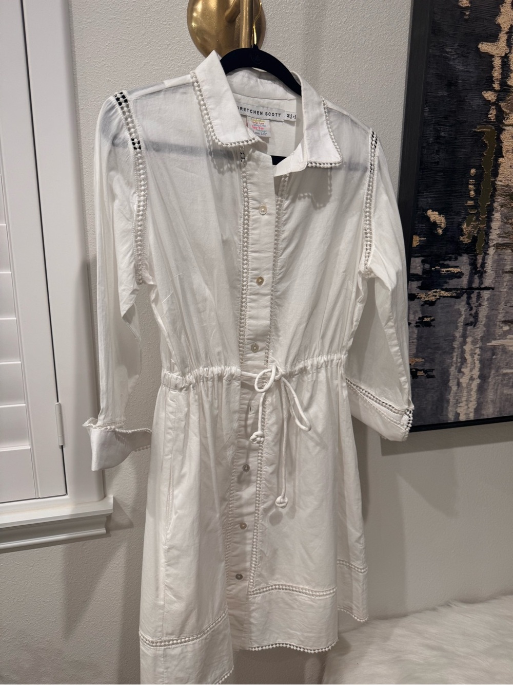 Gretchen Scott Designs White Long-Sleeve Button Shirt Dress with Drawstring